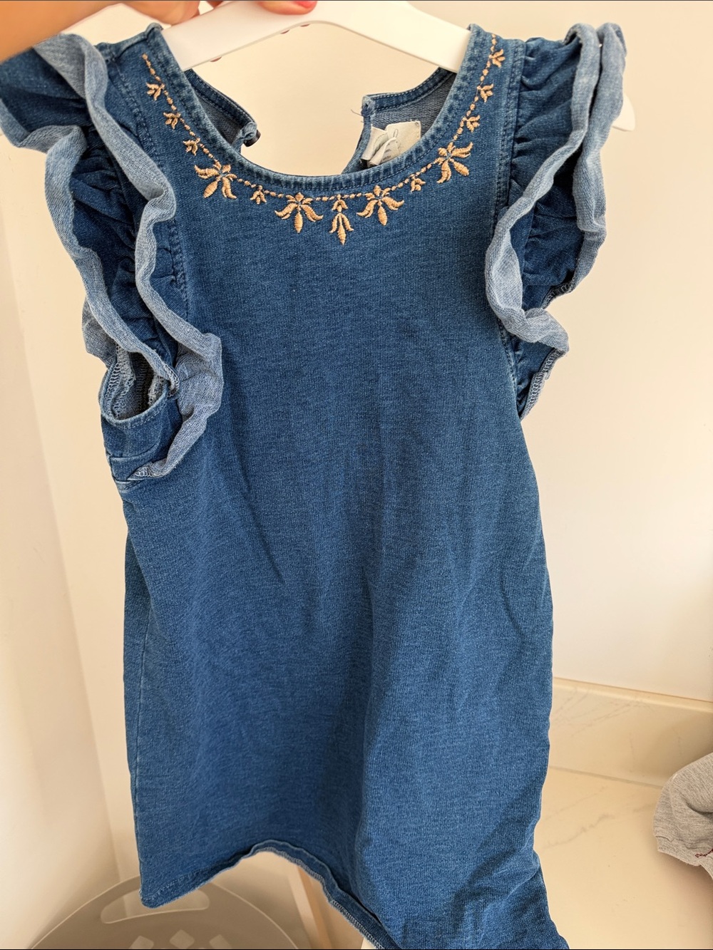 Peek Blue Denim-Style Dress with Gold Embroidered Neckline and Ruffle Sleeves